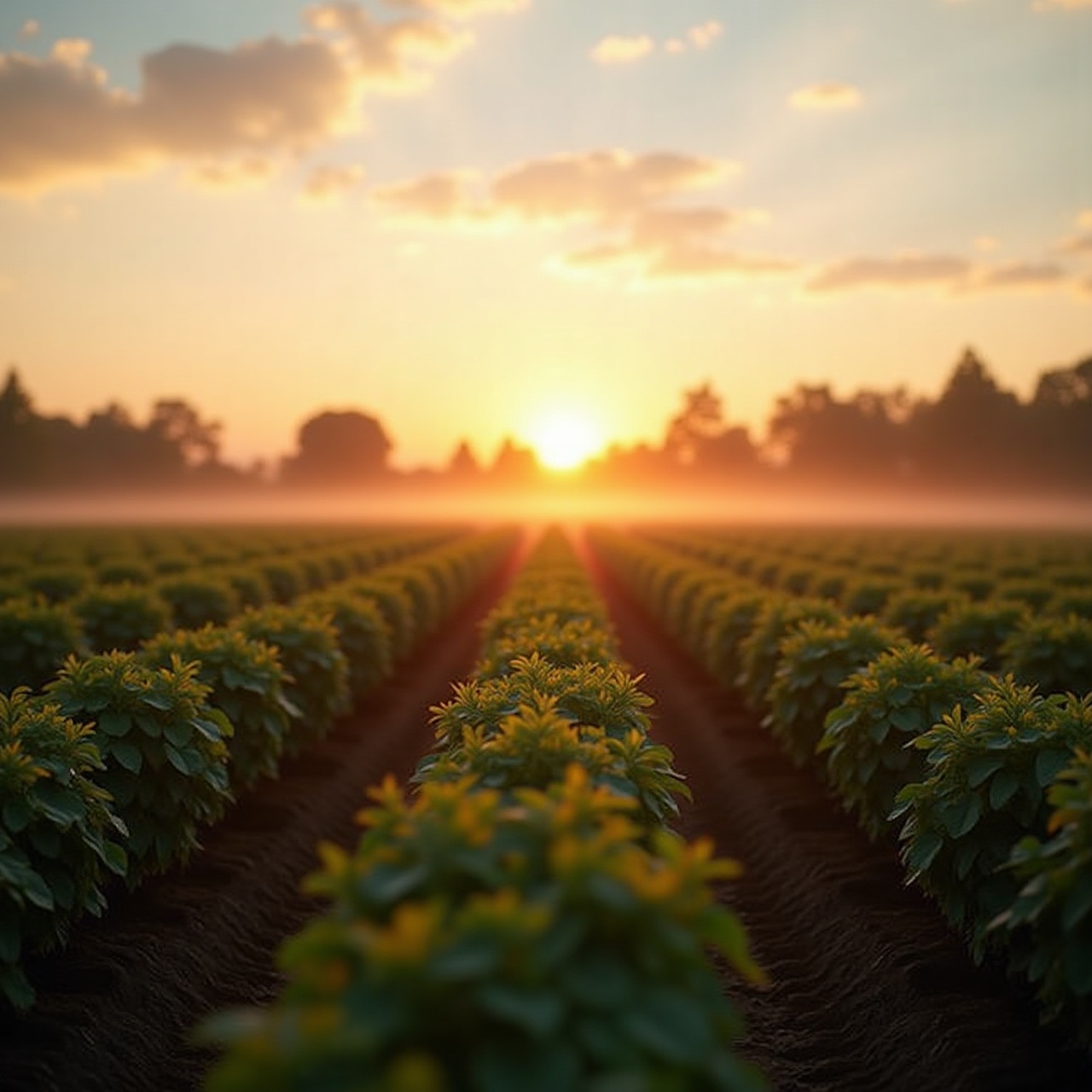 rows of crops at sunrise