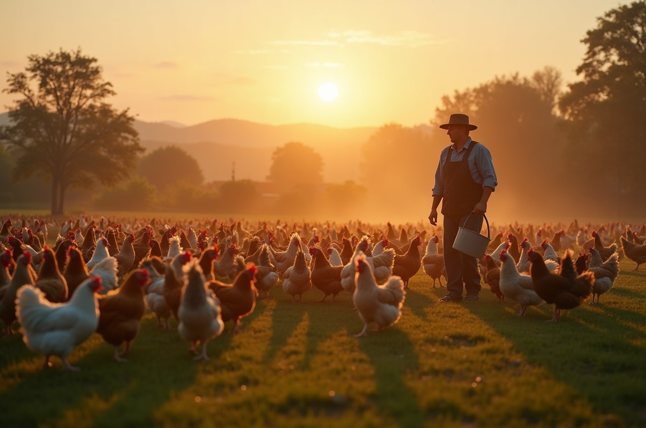 A flock of chickens spread across a grassy paddock at golden hour, farmer walking among them with a feed bucket