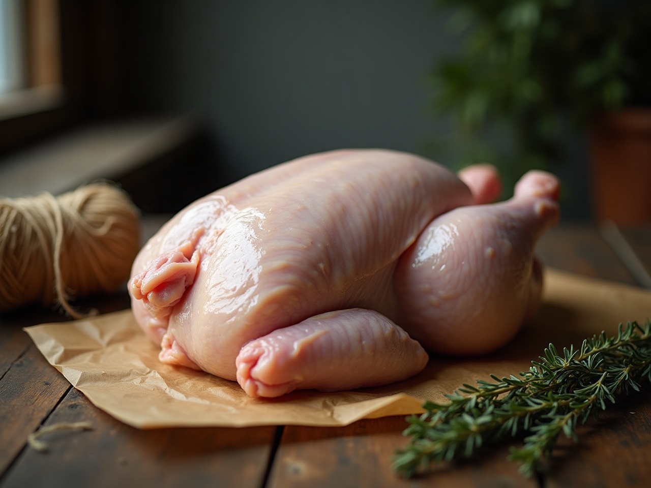 A whole raw pastured chicken on butcher paper next to kitchen twine and a sprig of thyme