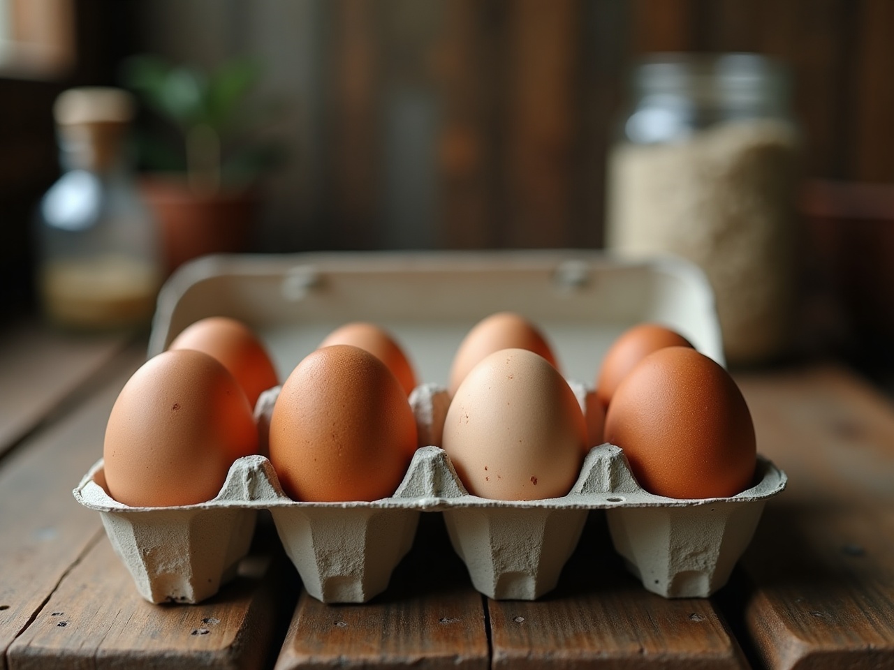 An open egg carton showing a dozen brown and cream speckled eggs, farmhouse table in background