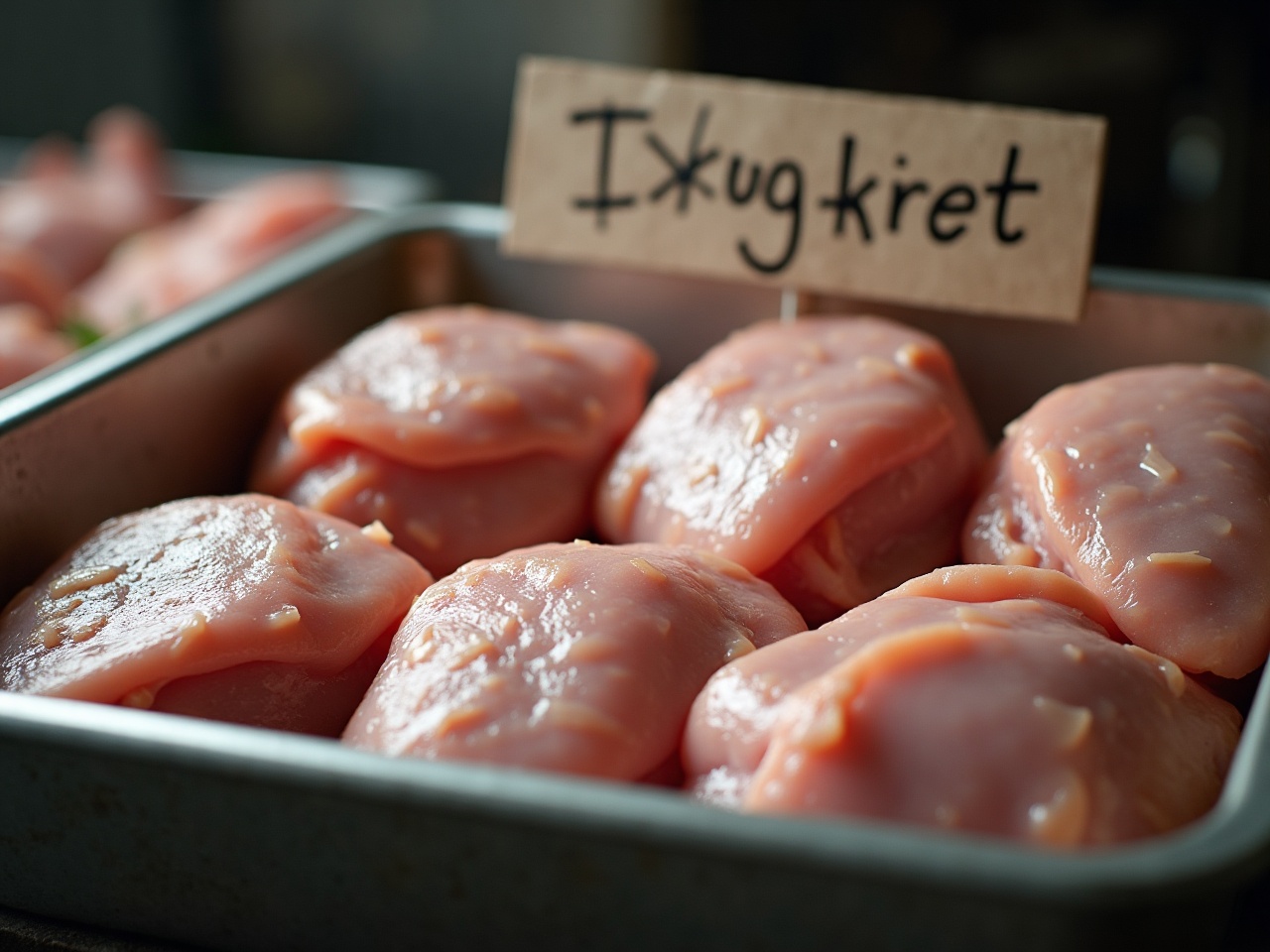 Six raw chicken thighs arranged in a butcher's tray with a hand-written weight label
