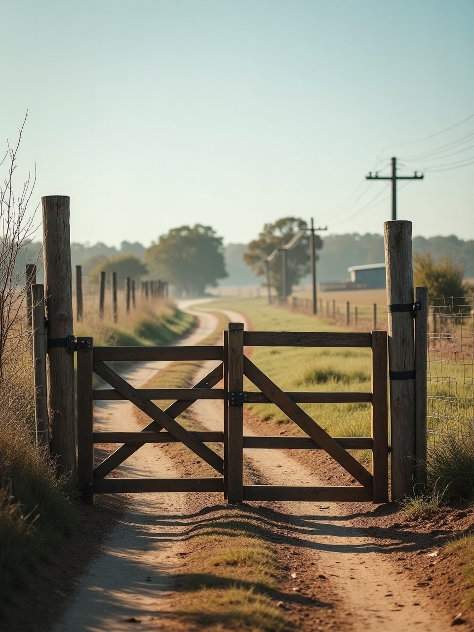 A weathered timber farm gate at the end of a dirt road, chicken shelters visible in the distant paddock