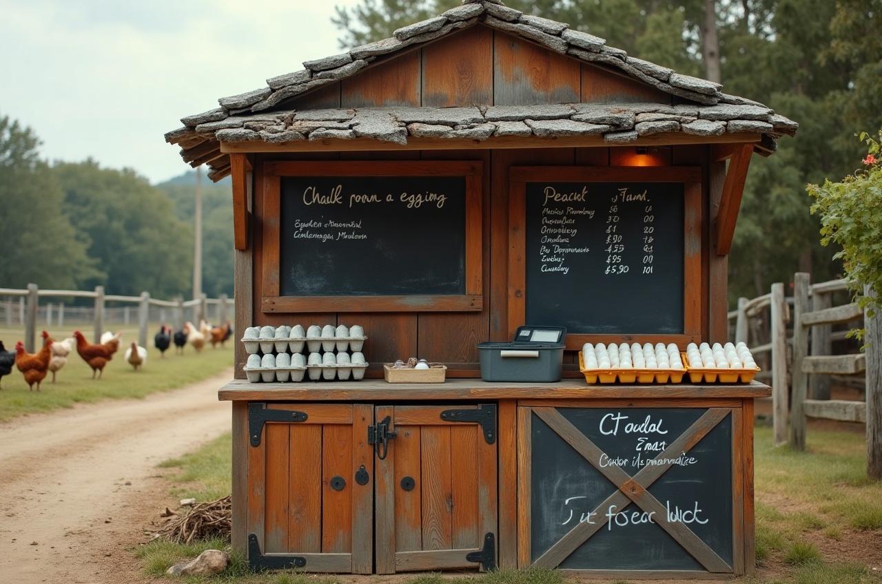 A small timber farm stand with chalkboard price list, egg cartons and a cash box, dirt road and paddocks behind
